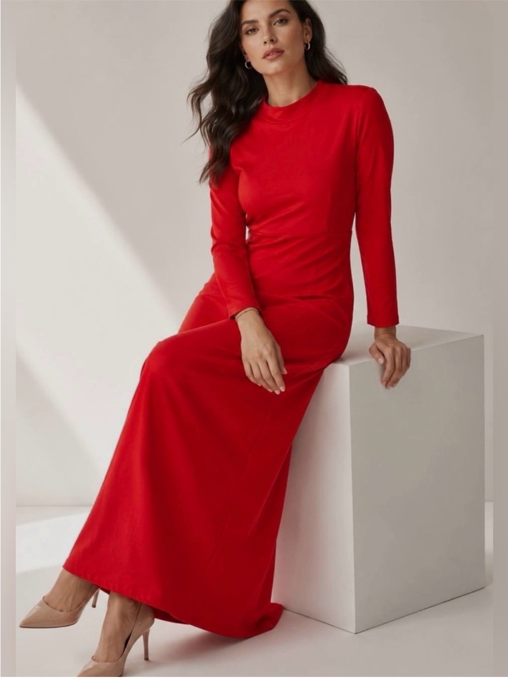 Bryn Walker Funnel Neck LS Weekend Maxi Dress Red XXS Bamboo Organic Cotton NEW